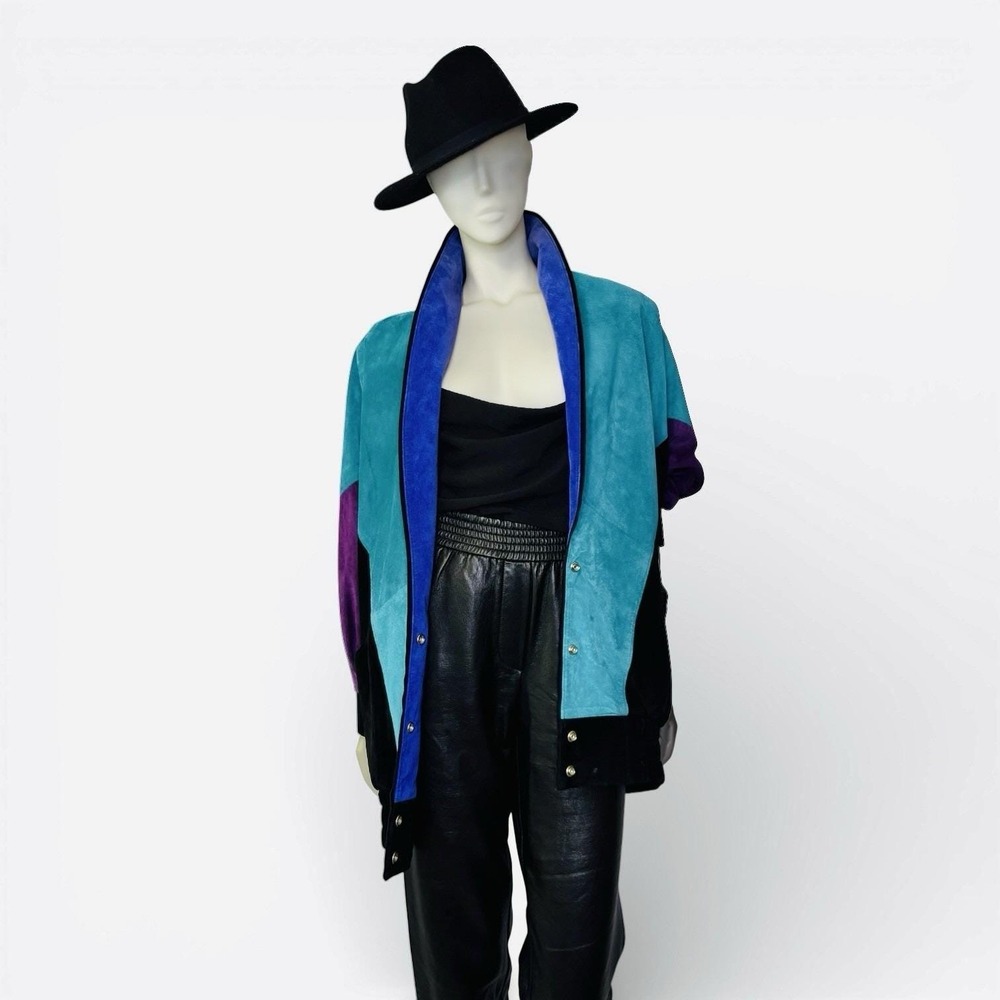 Rare Vintage Mary Hoffman Black, Teal, Purple Suede Color Block Suede Jacket M - Picture 2 of 11